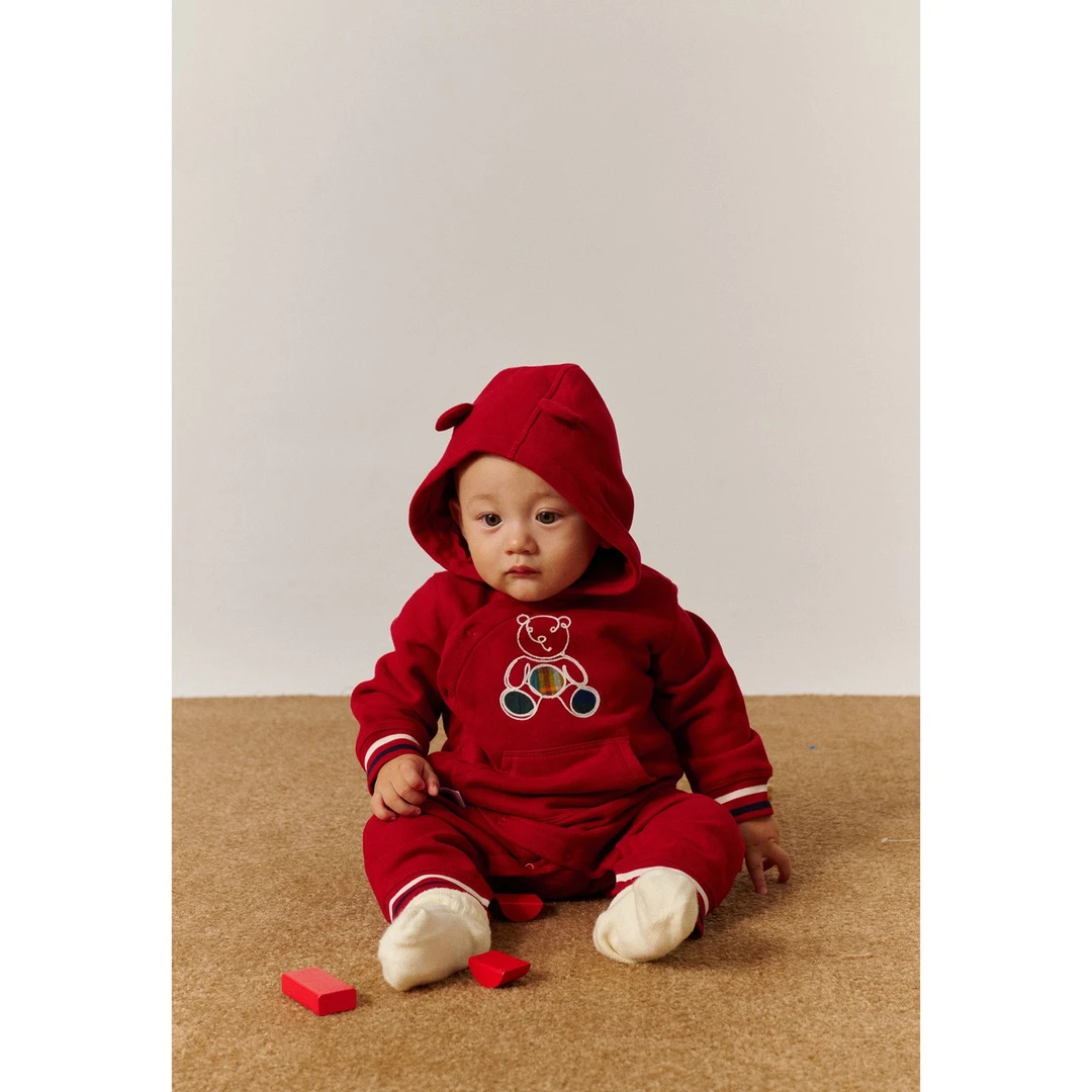 Gap婴儿2024秋冬新款小熊图案3D耳朵连帽抓绒连体衣儿童装643129
