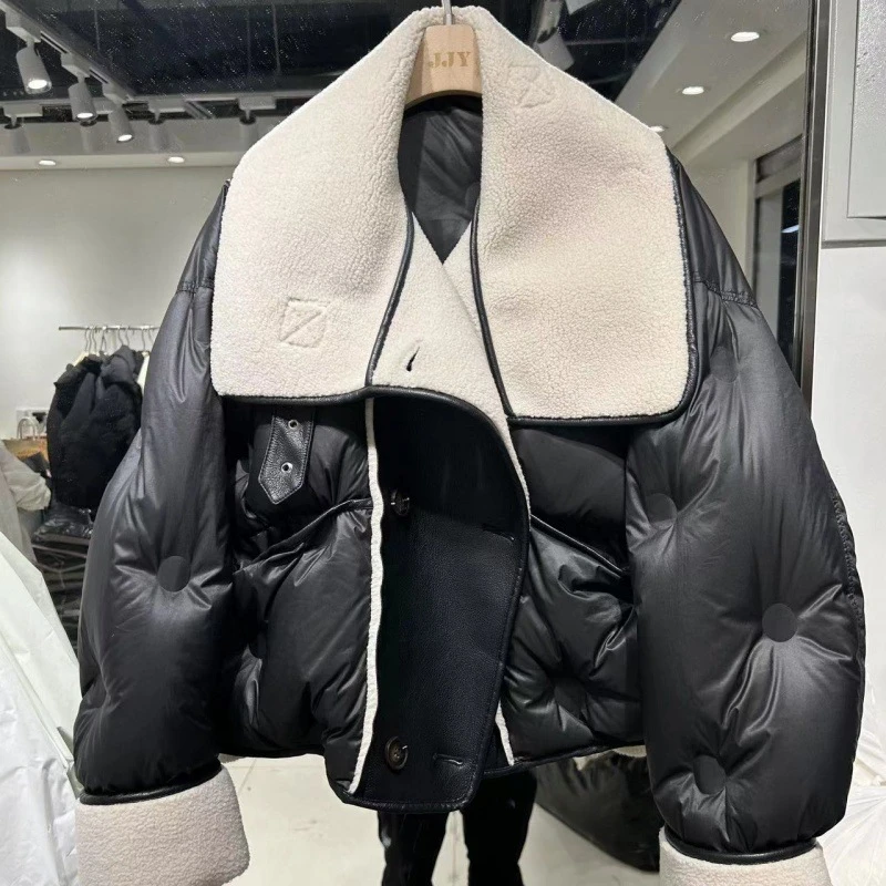 2024新款短款羊羔绒拼接大翻领羽绒服女小个子90白鸭绒羽绒外套女