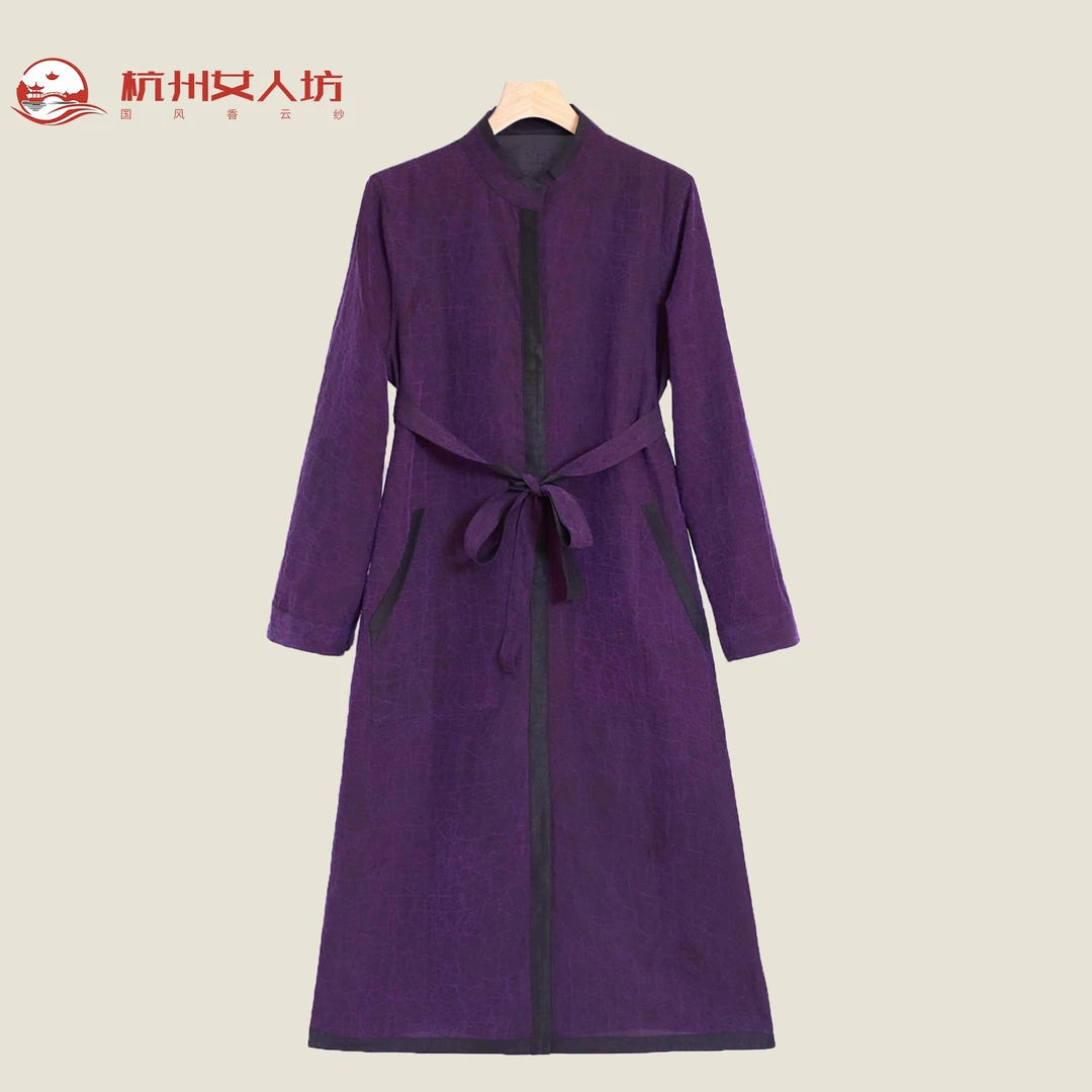 春秋款气质时尚香云纱老料龟裂纹双面双穿风衣外套