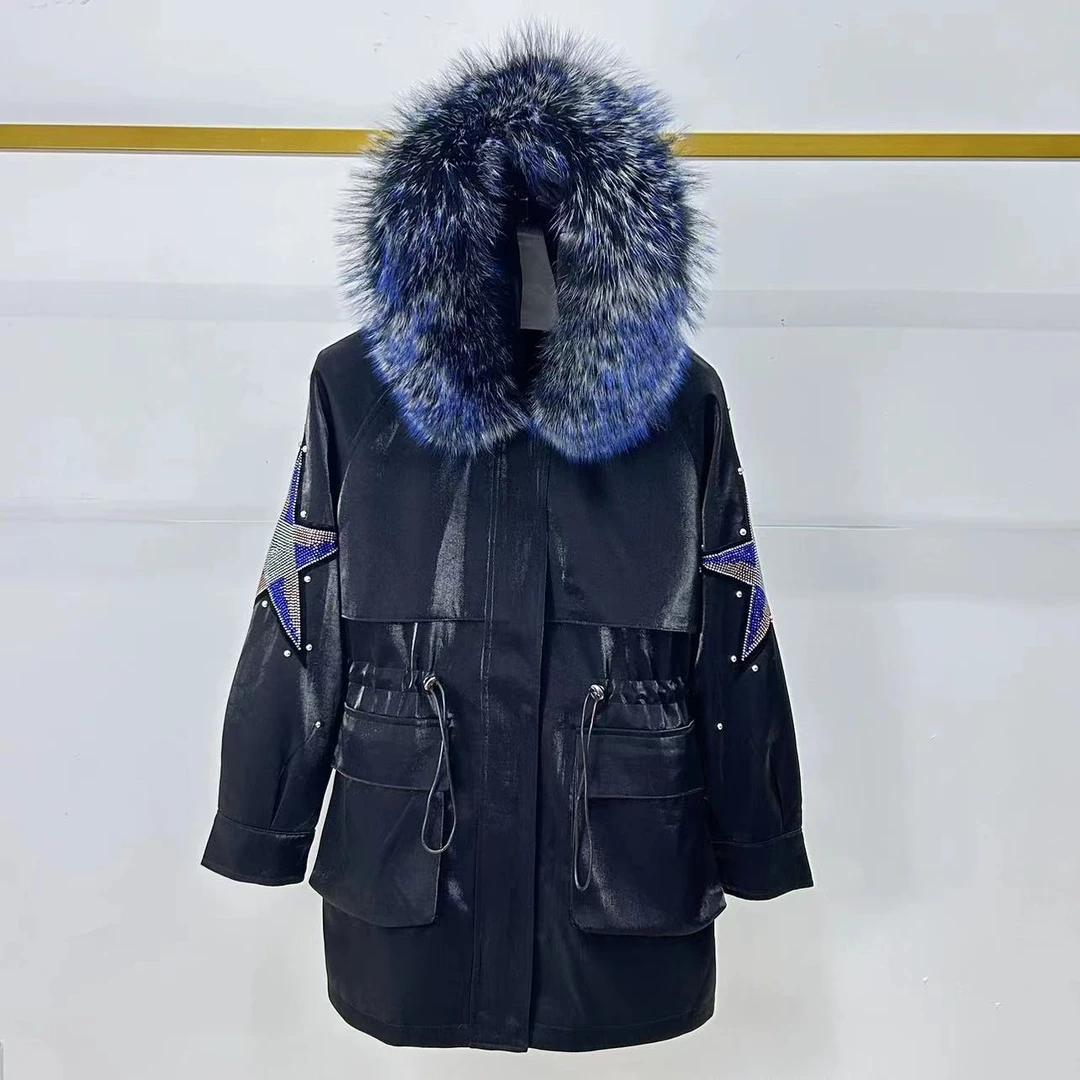 派克服女可拆卸真毛内胆外套亮面金属丝皮毛一体蝴蝶翩翩冬装潮流