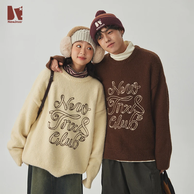 江南先生美式复古字母绣花圆领毛衣男女秋冬潮牌情侣外套JN34X50