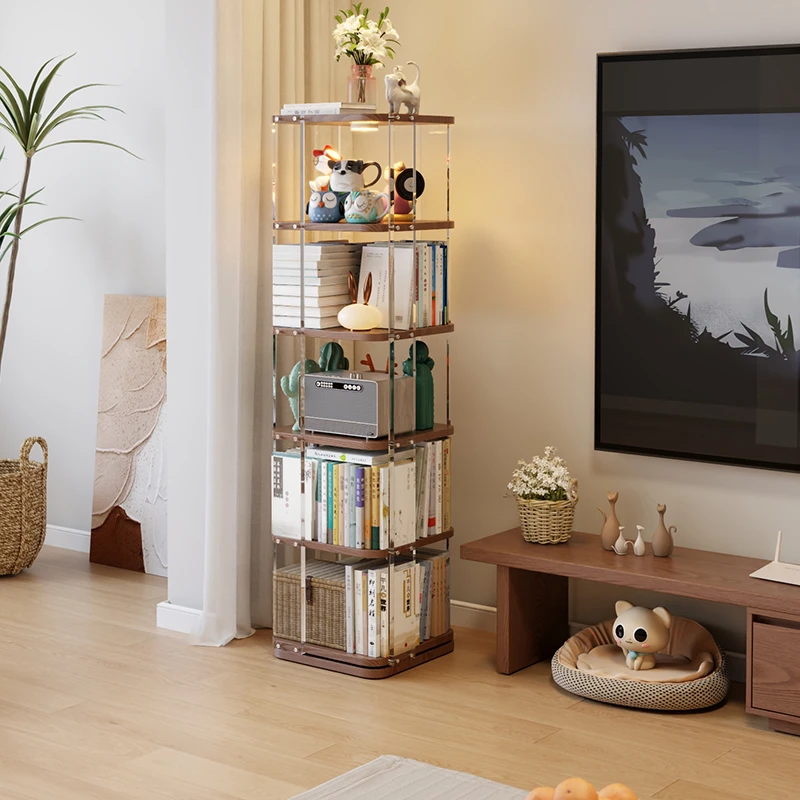 木屋记亚克力旋转书架360度客厅展示柜落地置物架电视柜实木书柜