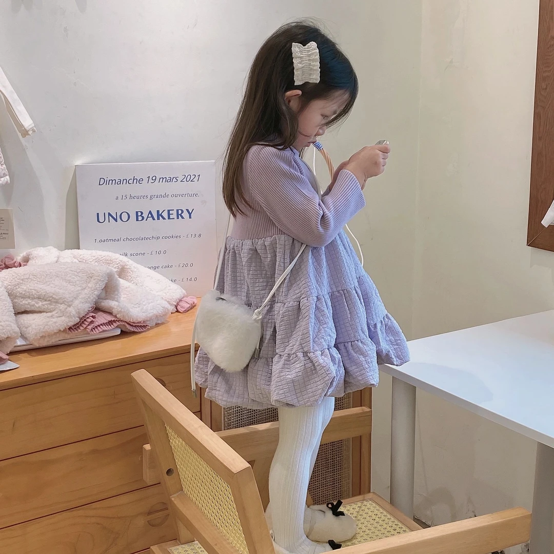 韩国童装女童秋冬款新品女宝宝洋气纯色高领针织拼接连衣裙公主裙