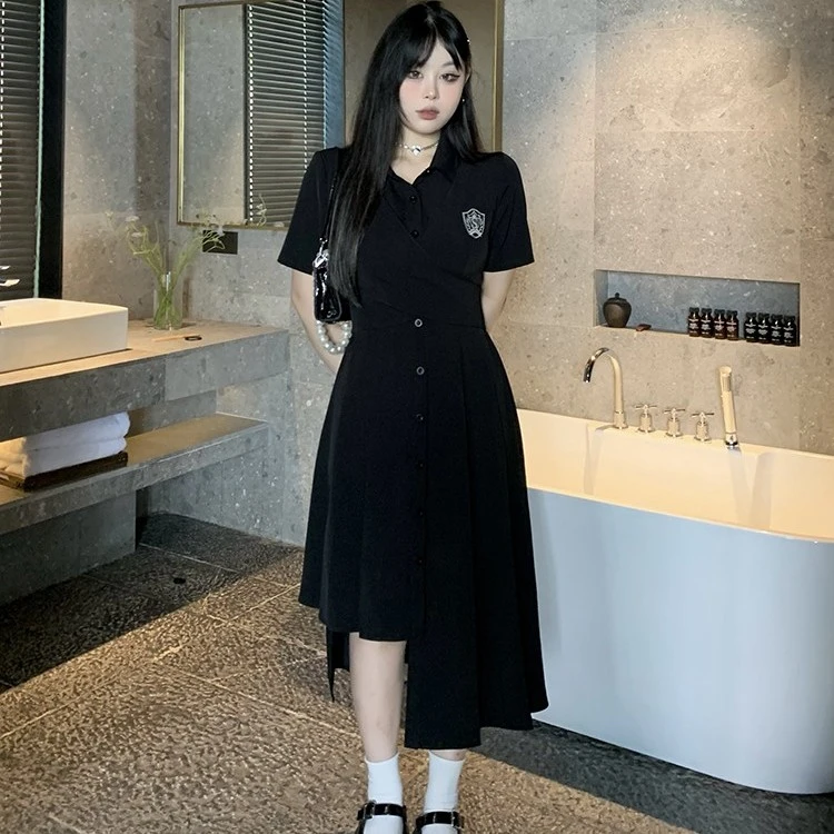 黑泽玄七开学季衣服连衣裙女胖mm显瘦学院风减龄不规则下摆长裙