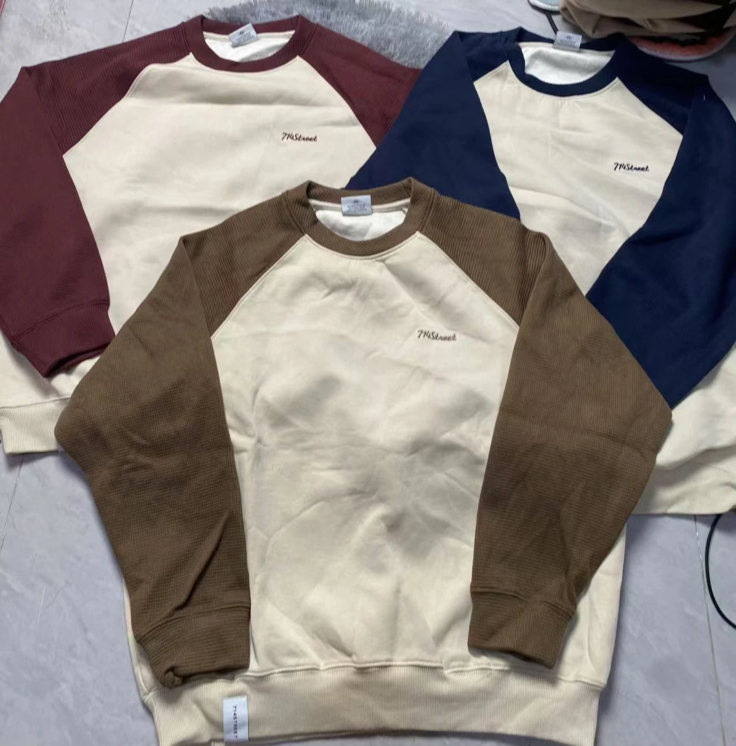 日系华夫格拼接 男女同款圆领卫衣宽松百搭情侣秋冬季