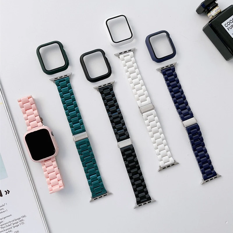 适用于苹果iWatch1-6代se手表带apple watch7三珠表带+表壳膜套装