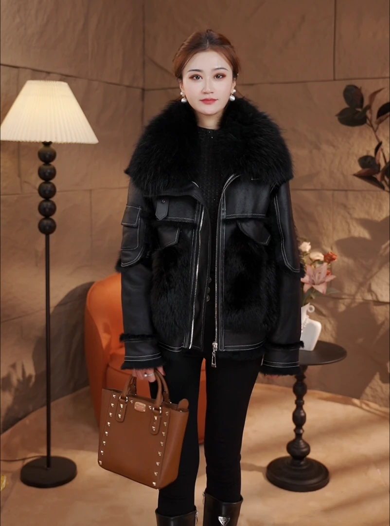 爆款皮草外套女百搭时尚 女款气质服装大毛领皮草外套皮草女款