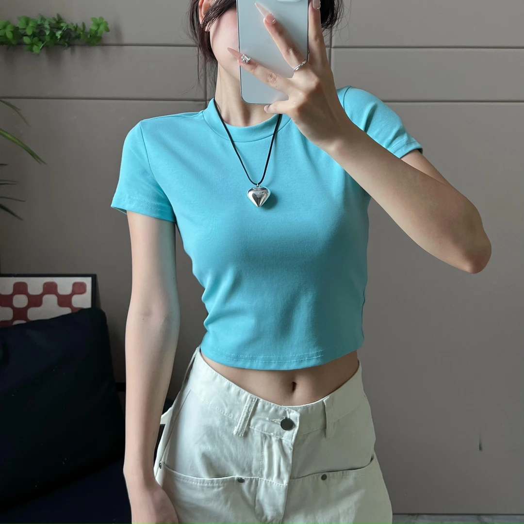 夏季新款辣妹风短款纯色上衣女正肩设计短袖T恤女-T2287
