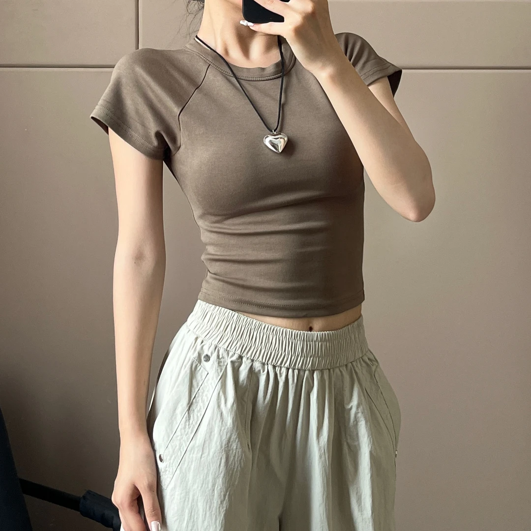 2024夏季新款正肩短款辣妹风插肩袖设计短袖T恤女-T2264