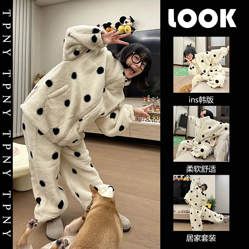 加厚法兰绒睡衣女冬天学生舒适柔软宽松可爱圆点少女家居服可外穿
