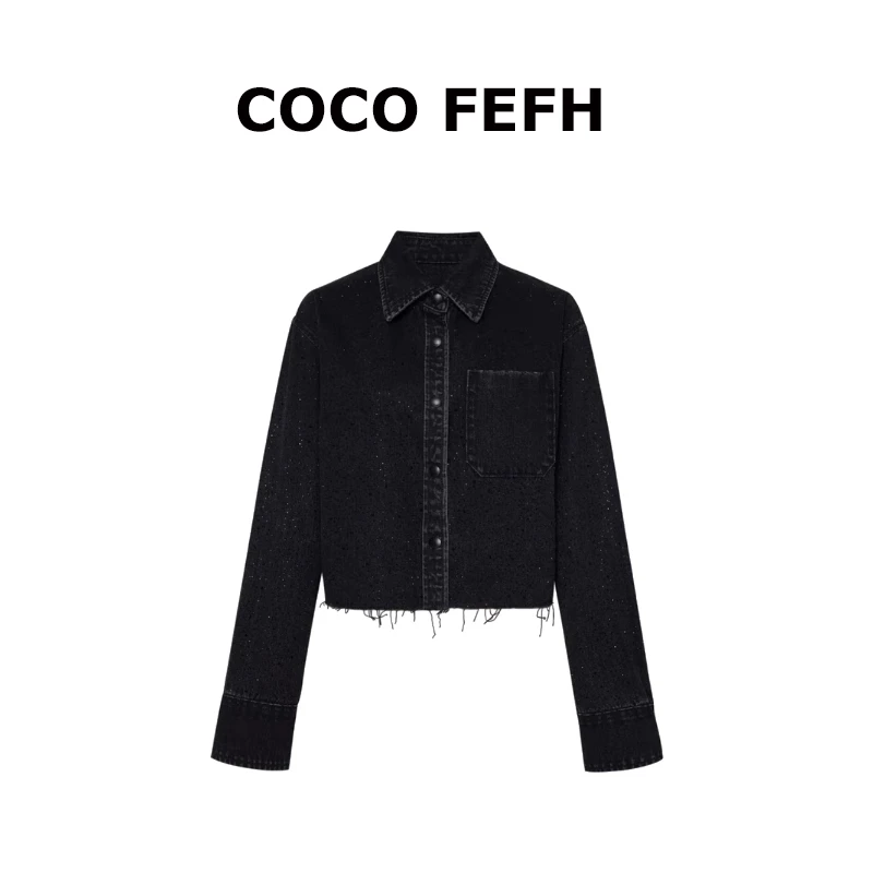 COCOFEFH  短款烫钻棉质牛仔衬衫外套2025新品8154