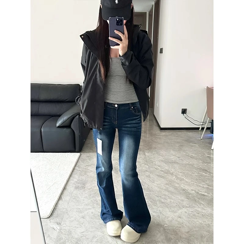 175高个子加长高街辣妹水洗微喇牛仔裤女设计低腰百搭修身拖地裤
