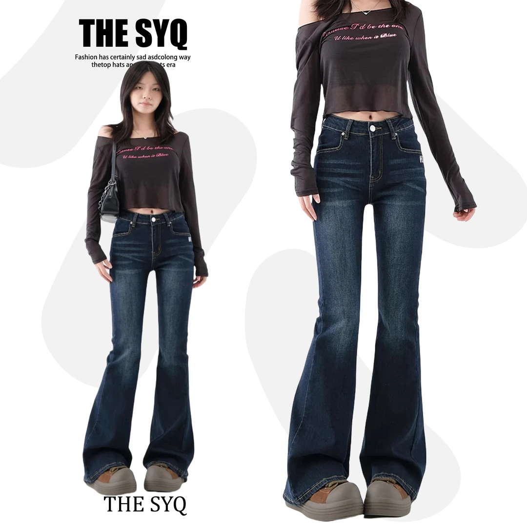 SYQ美式微喇叭牛仔裤女秋冬季新款高腰显瘦辣妹修身喇叭拖地裤子