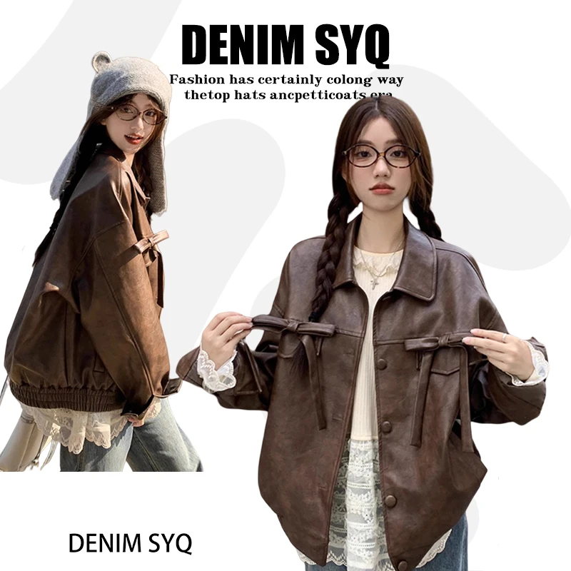SYQ美式复古翻领蝴蝶结长袖皮衣女冬季宽松时尚小众机车外套夹克