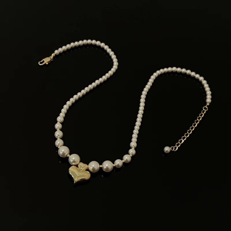 铜合金仿珍珠项链 0881韩国超流行双爱心珠珠项链