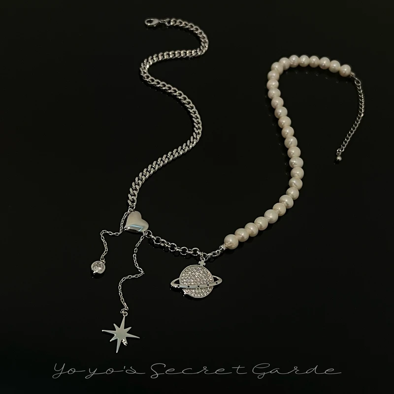 铜合金仿珍珠项链 6118个性休闲飞船八芒星串珠项链