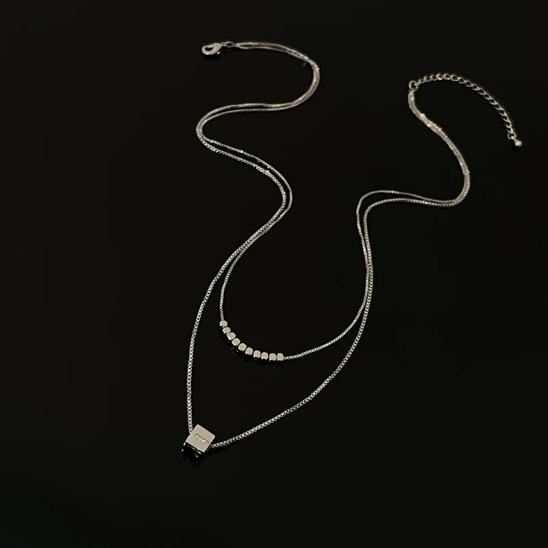 铜合金项链 667休闲个性！方块百搭双层银色项链