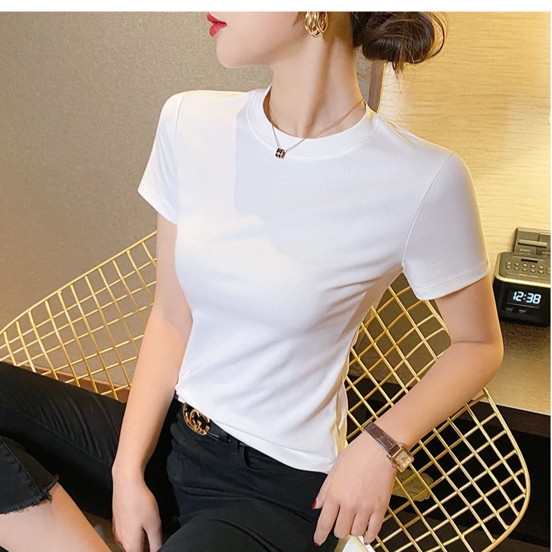 圆领正肩棉T恤显瘦纯色纯色夏季洋气