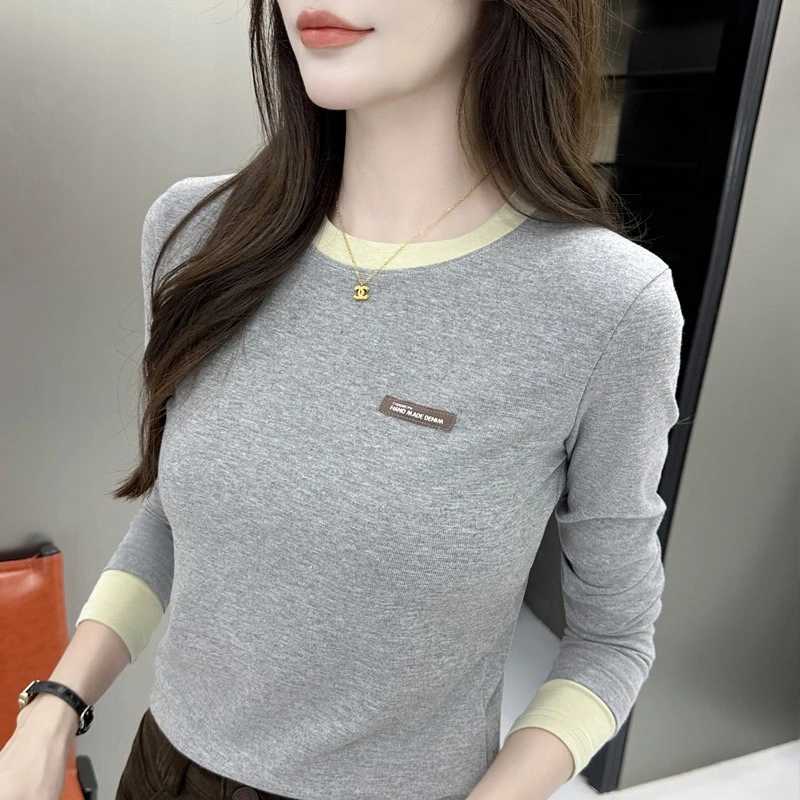 圆领长袖T恤2025秋冬新款单穿打底宽松时尚休闲显瘦款百搭洋气