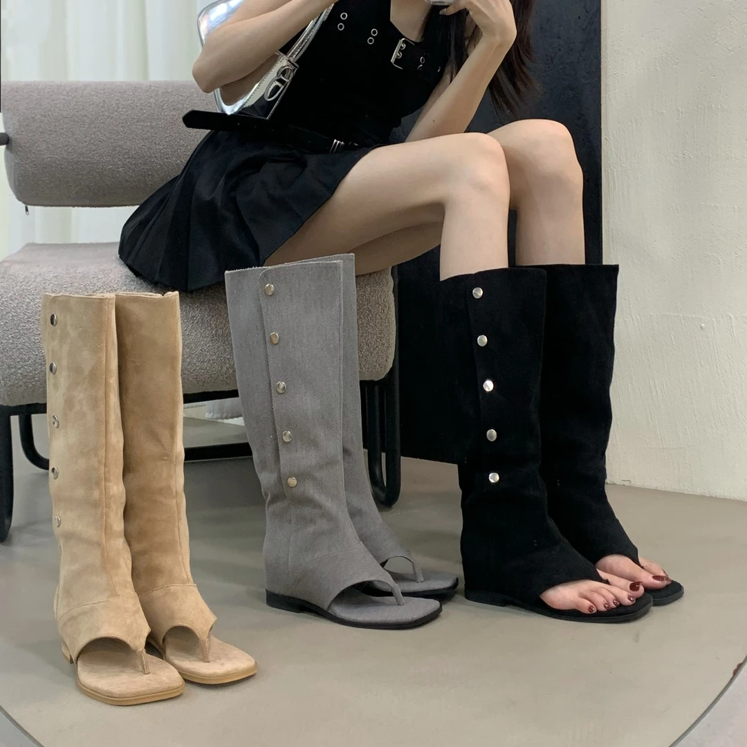 时尚风人字靴鞋女2024夏季新款外穿时尚百搭两穿裤管靴夹趾凉鞋潮