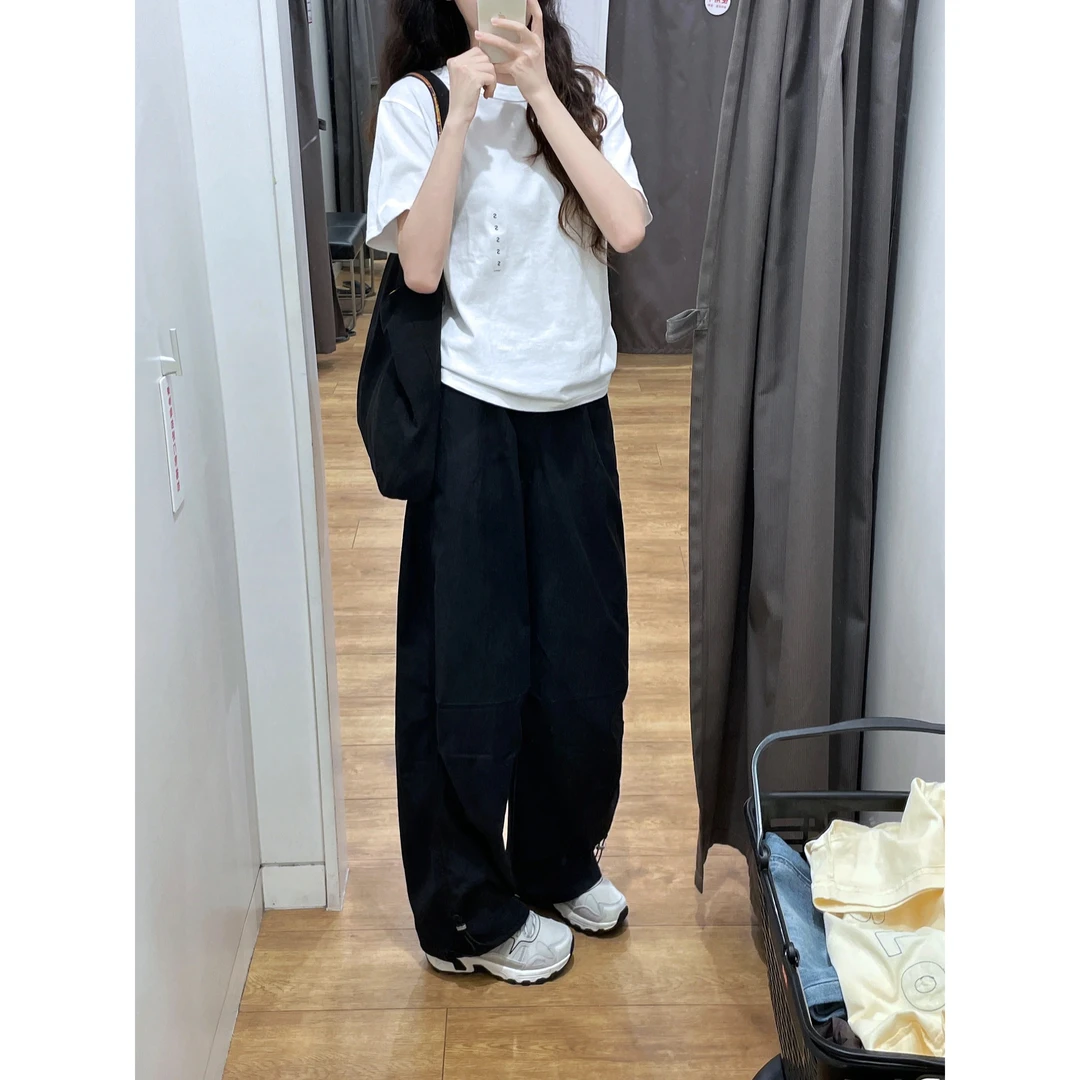 夏季穿搭女士圆领白色半袖显瘦百搭T恤上衣宽松休闲长裤阔脚裤子