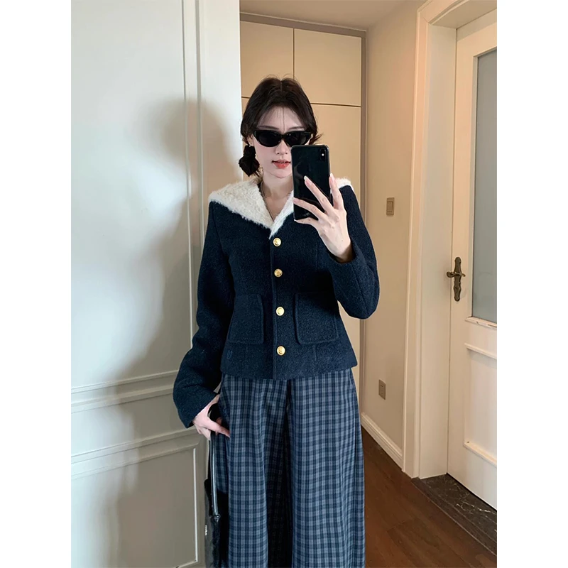 小香风外套秋冬2024新款气质时尚海军领保暖长袖上衣格子休闲长裤
