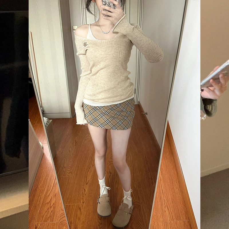 套装女秋季新款辣妹百搭修身显瘦假两件上衣网格包臀短裙两件套