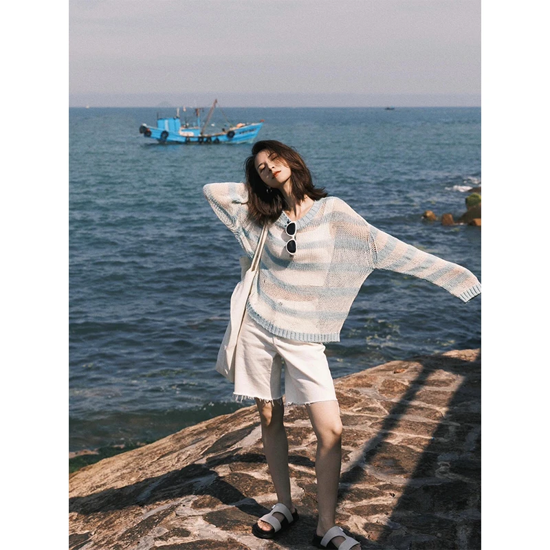 时尚穿搭夏季圆领长袖拼接撞色防晒小众多巴胺女士上衣休闲短裤