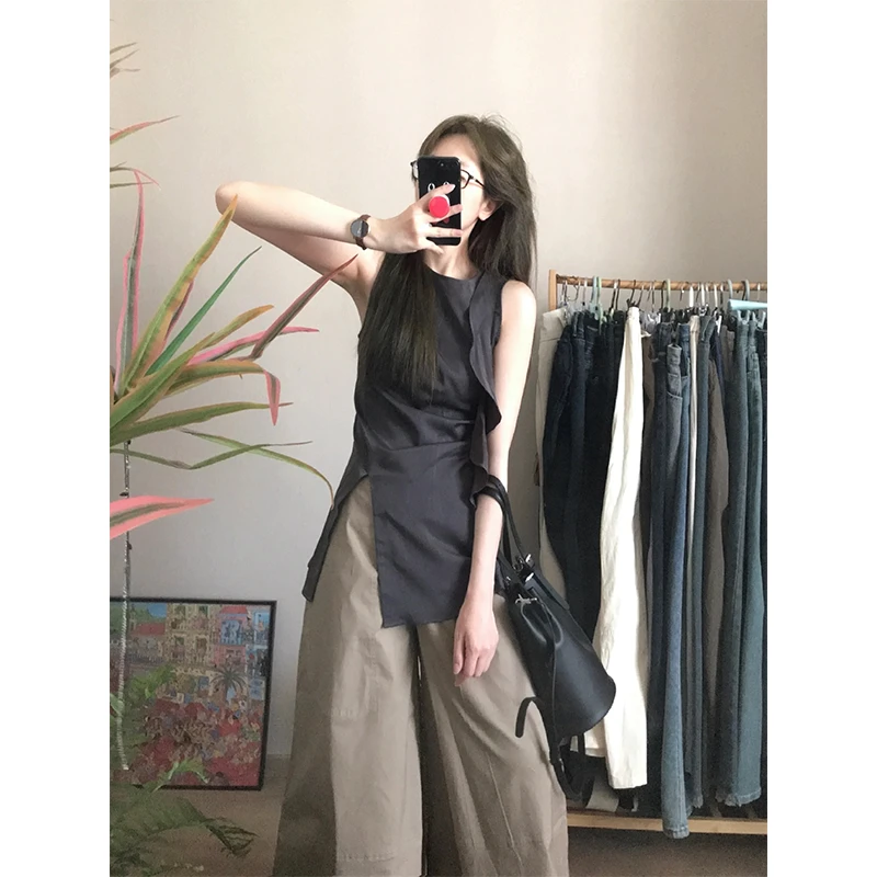 时尚穿搭女夏季圆领无袖开叉修身显瘦百搭法式小众上衣直筒休闲裤