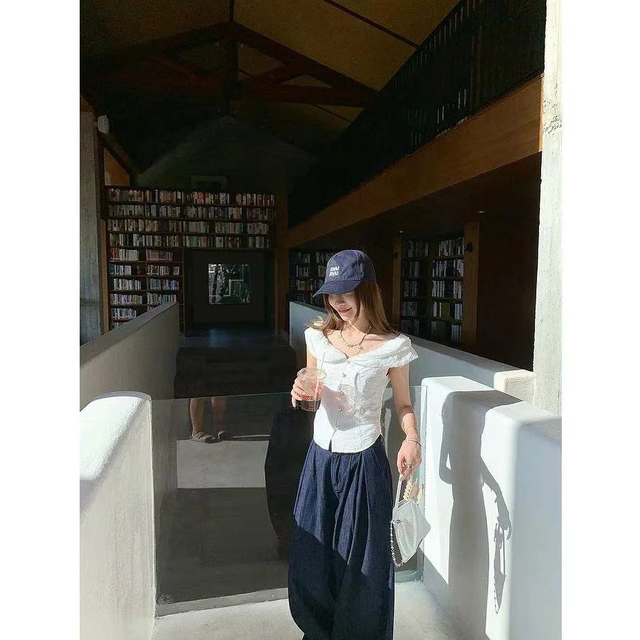 时尚穿搭女士夏季新款设计感百搭休闲短款上衣显瘦裤子宽松牛仔裤