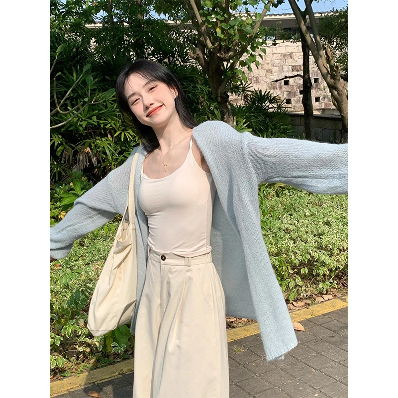 休闲穿搭女士秋季长袖宽松显瘦百搭小众针织开衫直筒韩版休闲裤