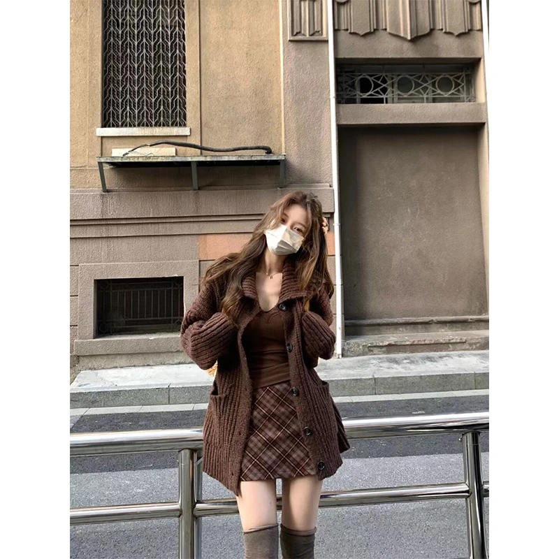 时尚法式女款秋季美拉德内搭复古针织毛衣开衫外套高腰显瘦包臀裙