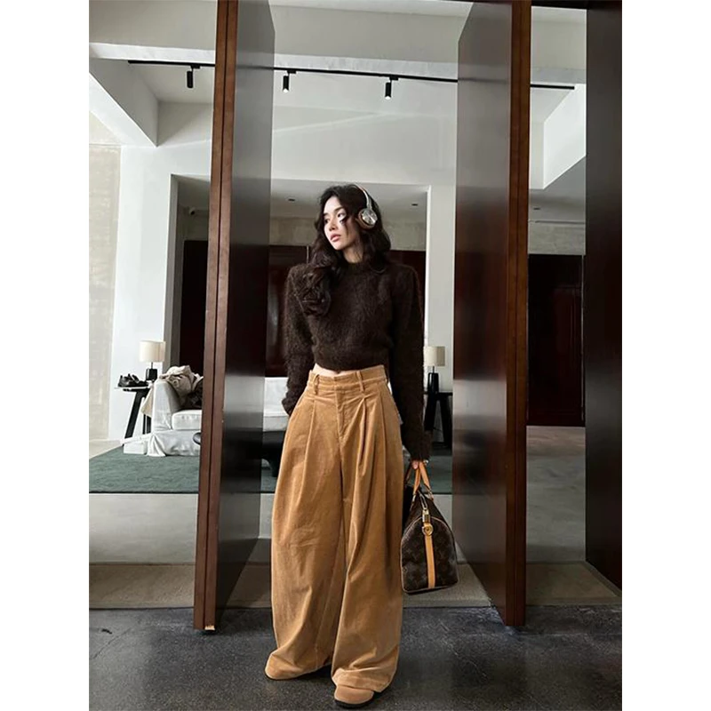 秋季韩系复古卡其色阔腿裤女高腰显瘦垂坠感宽松小个子休闲裤子