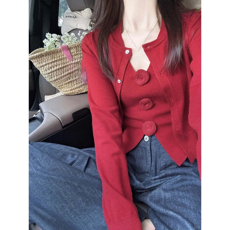 时尚穿搭韩版气质修身显瘦挂脖针织内搭长袖外套上衣女士秋季裤子