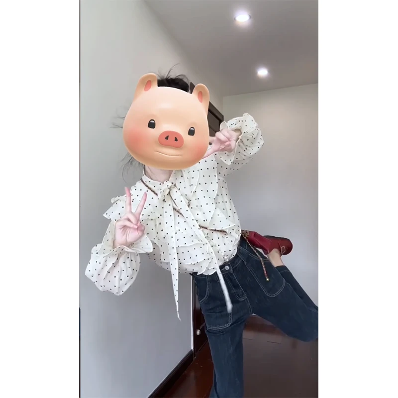 时尚穿搭女士秋季系带波点修身显瘦法式上衣百搭长裤直筒牛仔裤