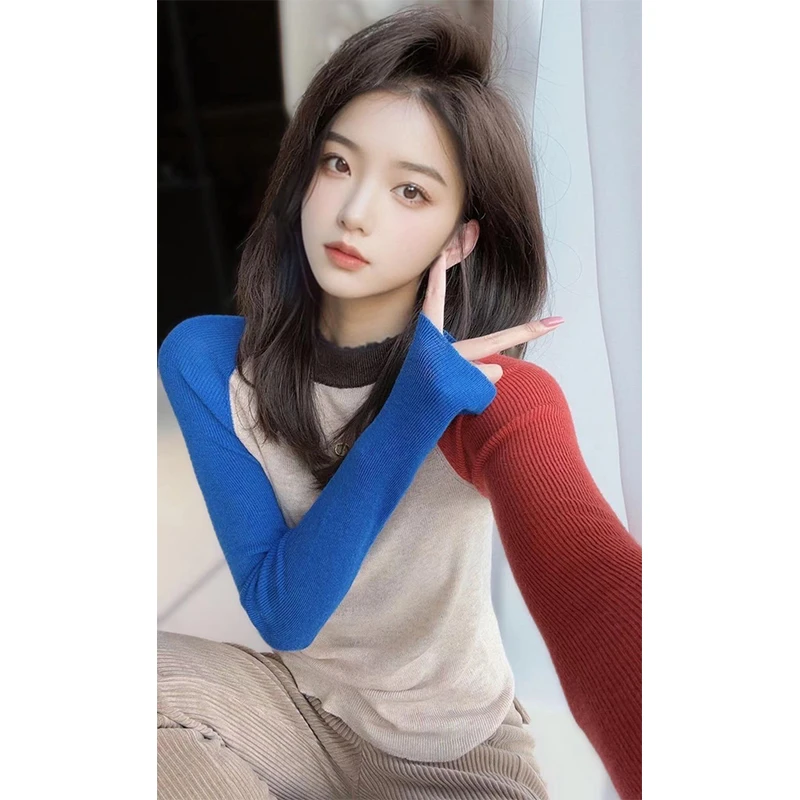 针织衫女士秋冬季新款韩版时尚撞色修身显瘦百搭薄款长袖T恤上衣