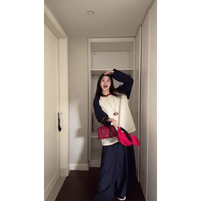 2024新款女士早秋季圆领撞色拼接宽松百搭长袖T恤上衣高腰半身裙