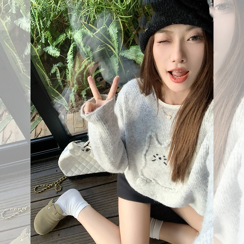 2024新款秋季秋冬减龄小猫宽松圆领长袖毛衣黑色半身裙女慵懒风