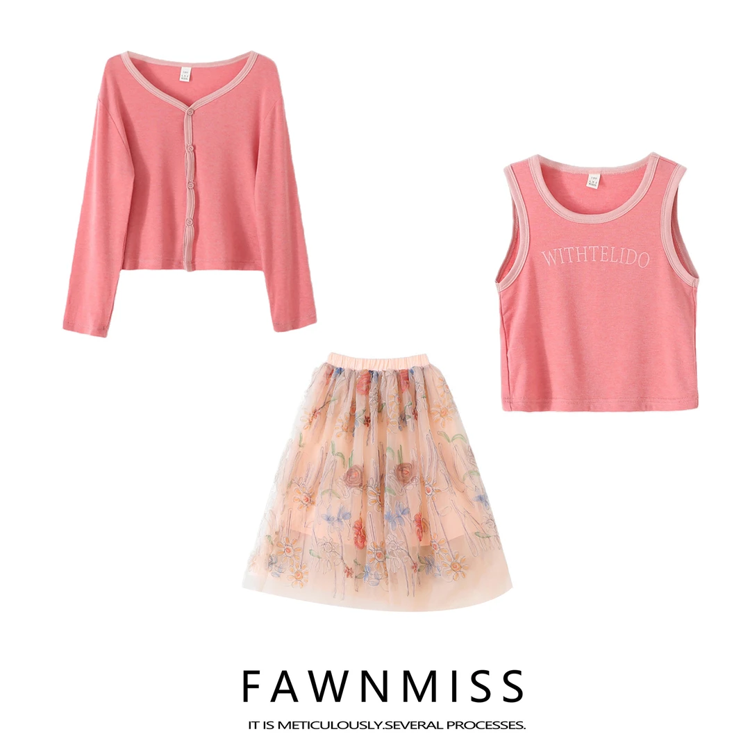 【花蕊】女中大童2024韩系新品洋气时尚网纱蕾丝女童开衫背心