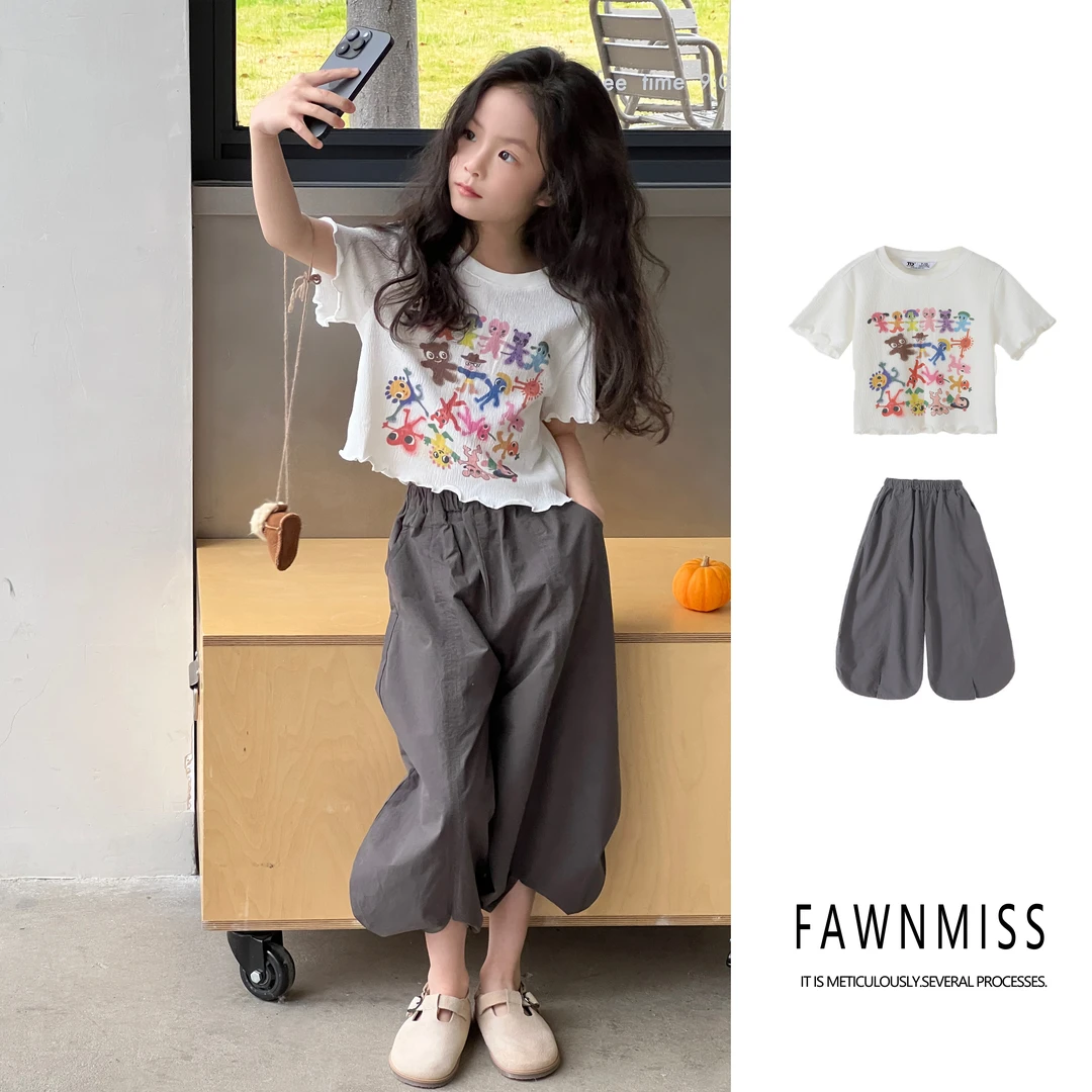 H048【童画】春夏女童中大童时尚宽松韩版春秋亲子合身T恤九分裤