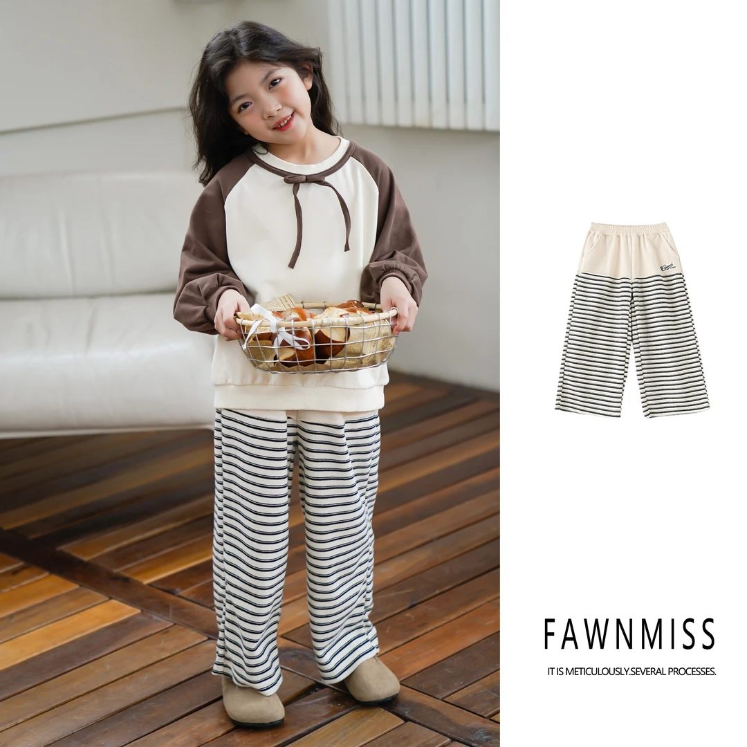 【小斑马】女中大童韩系2024春款薄款条纹针织阔腿裤ck1003宽松撞色