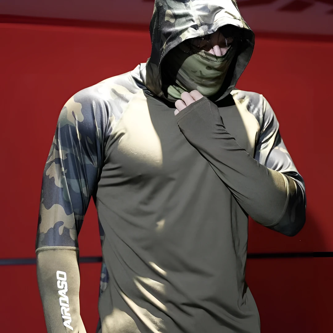 011绿色长袖速干衣男士春秋休闲薄款连帽弹力套户外运动迷彩