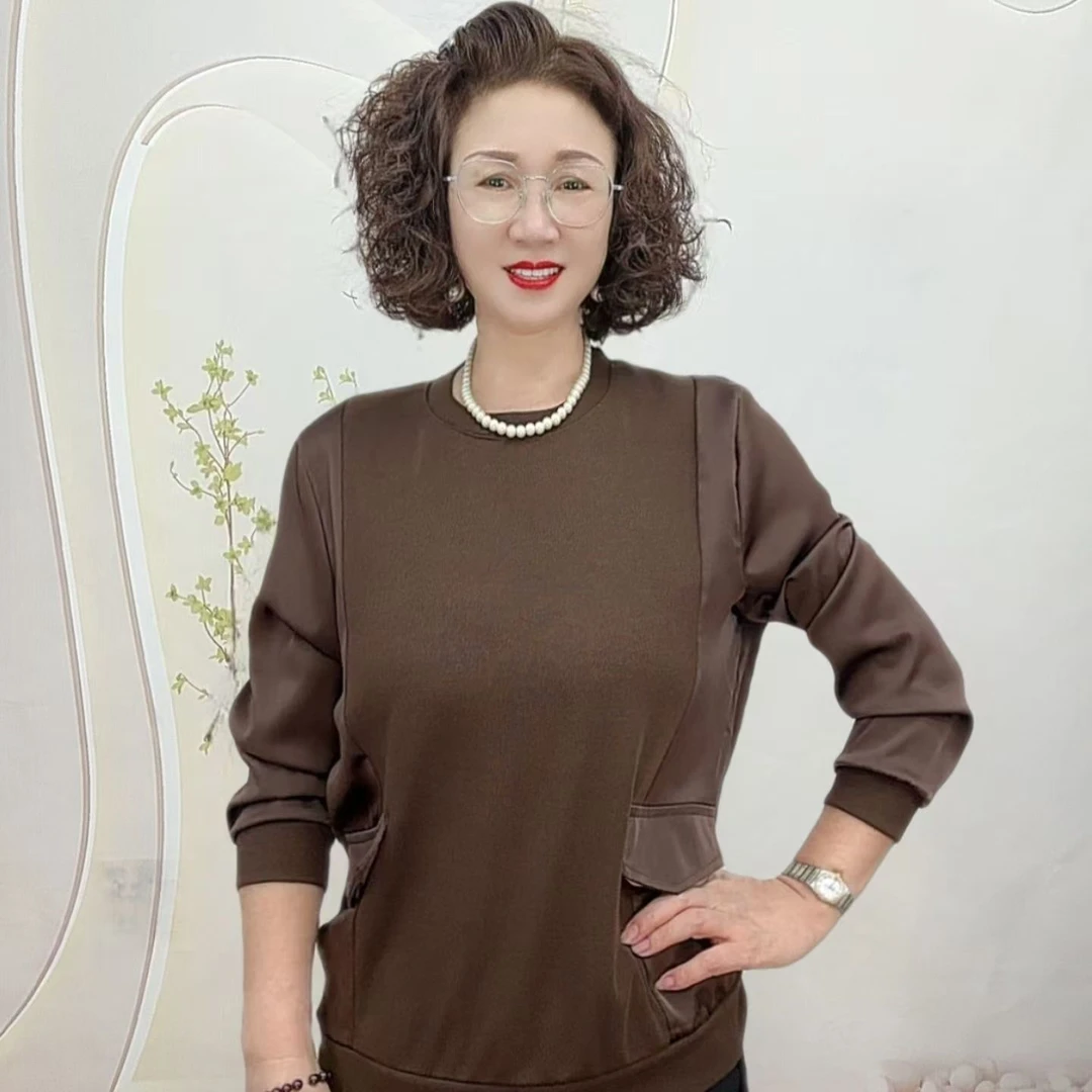 2024春秋假两件洋气薄上衣妈妈装遮肚宽松长袖拼接中老年小衫