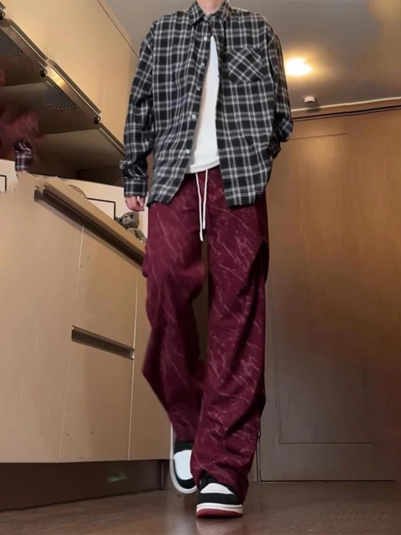 灯芯绒扎染碎花花纹印花男裤子美式嘻哈街舞宽松直筒打褶休闲长裤