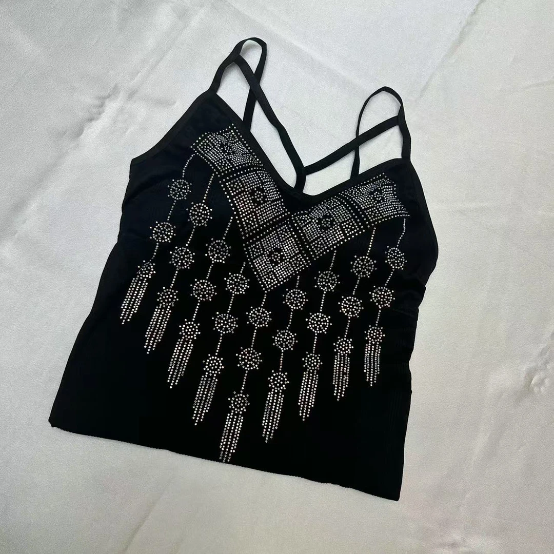 coco家重工烫钻美背长款黑色女士时尚打底网红百搭亮钻潮流260