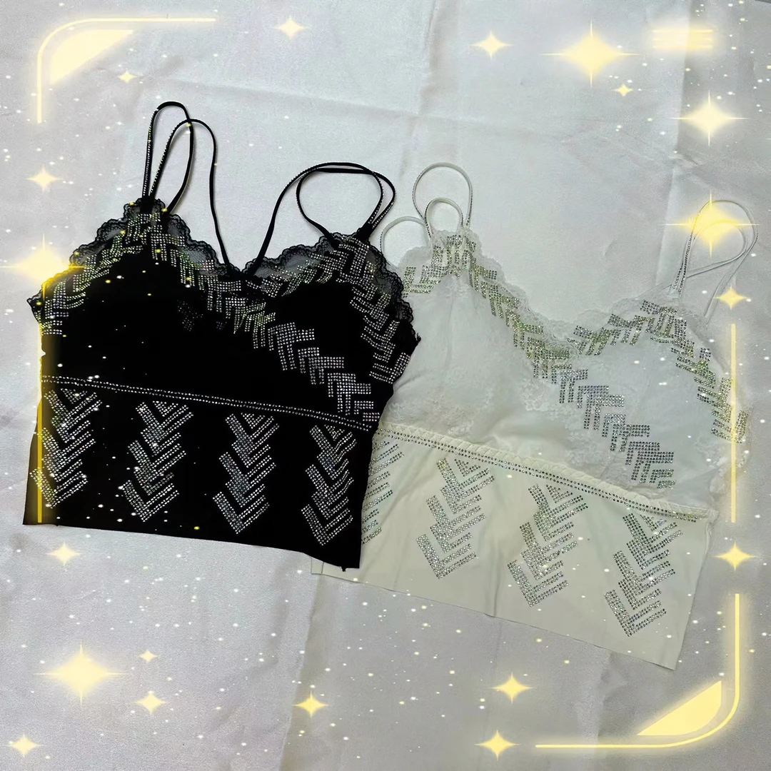 CoCo家时尚重工烫钻蕾丝冰丝美背百搭网红气质打底黑色潮流221