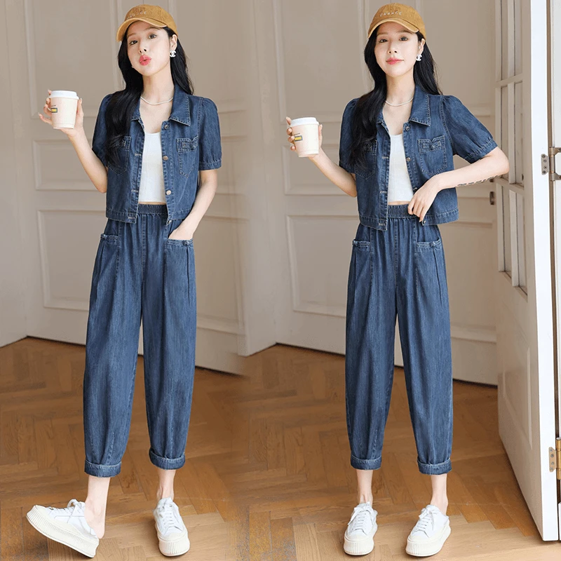 2024春夏新中式国风牛仔套装短袖九分裤小个子洋气减龄休闲两件套