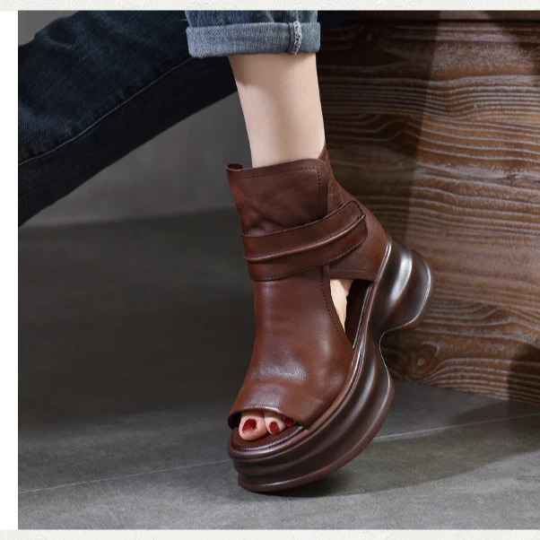 2025夏季真皮鱼嘴凉鞋拉链罗马凉鞋头层牛皮厚底休闲女复古松糕鞋