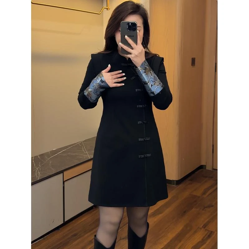 法式气质复古步步生莲新中式黑色连衣裙长袖气质收腰显瘦时尚气质