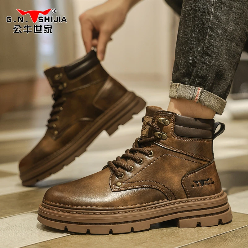 公牛世家马丁靴2025春秋季时尚百搭高帮大头工装靴厚底男式休闲鞋